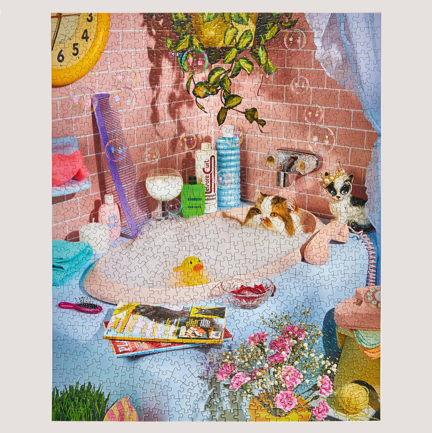 Jigsaw puzzle with a bathroom scene featuring a bathtub, flowers, and various items.