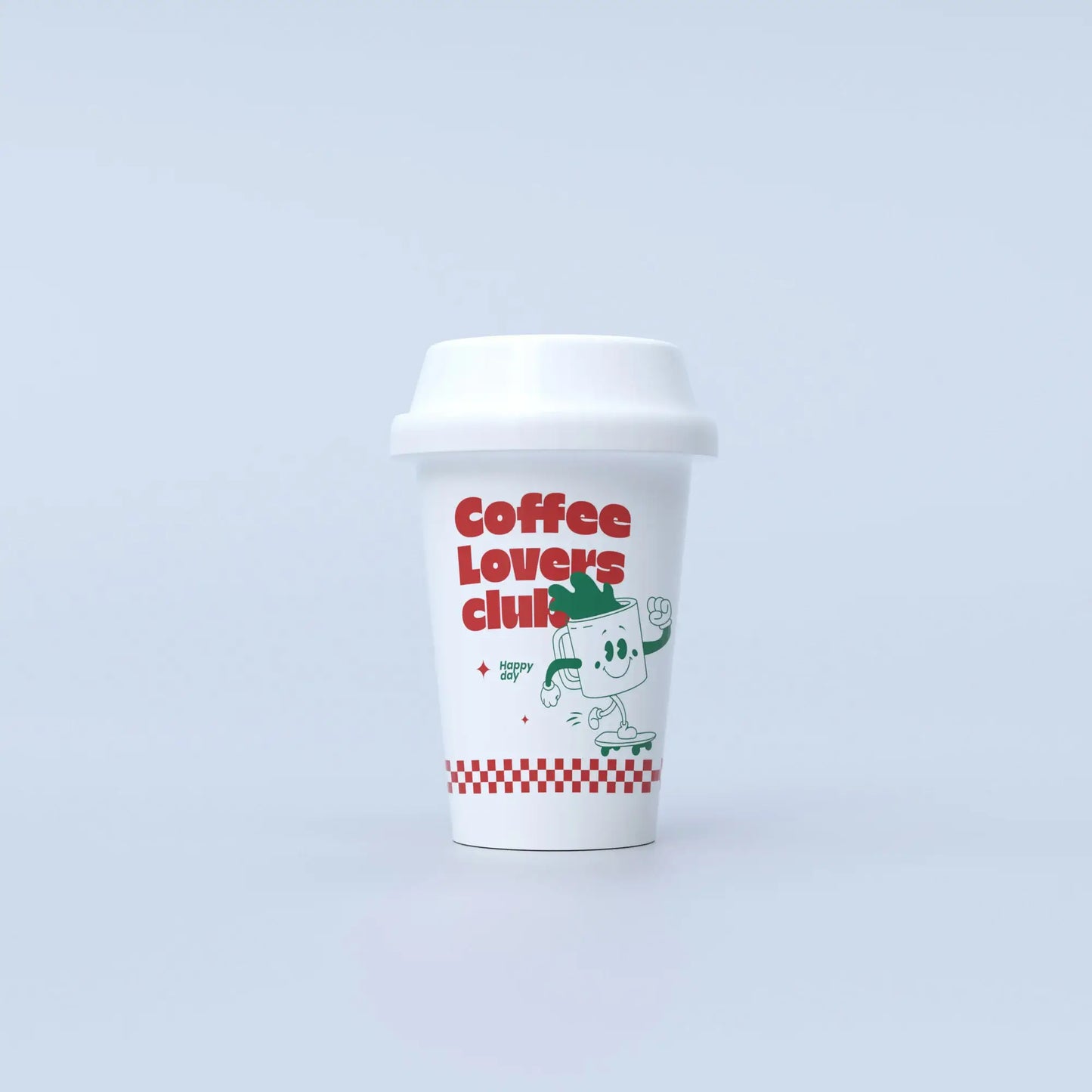 A white ceramic vase designed to resemble a cup of coffee with a 'Coffee Lovers Club' logo and a cartoon character illustration.