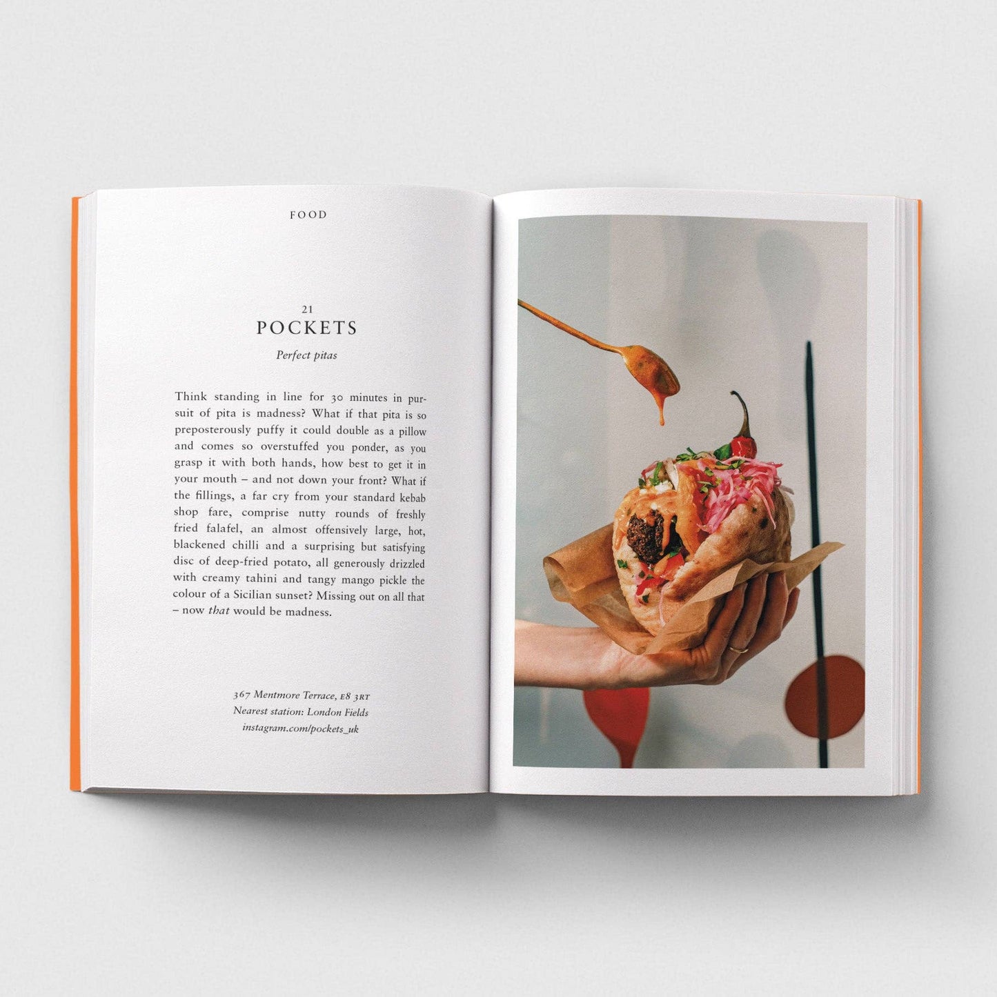 Open book with a photograph of a hand holding a sandwich and a spoon pouring sauce on a white background