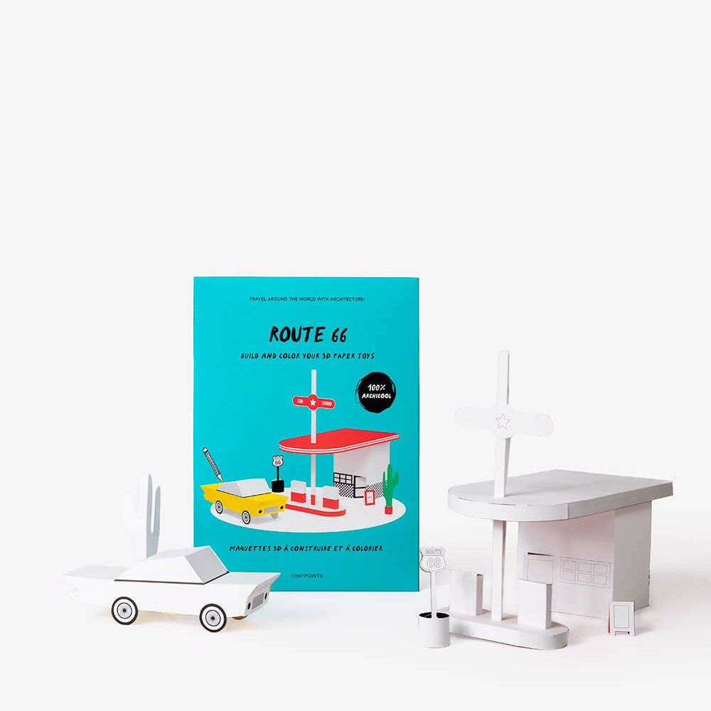 Book titled 'ROUTE 66' with a toy truck and airplane on a white background