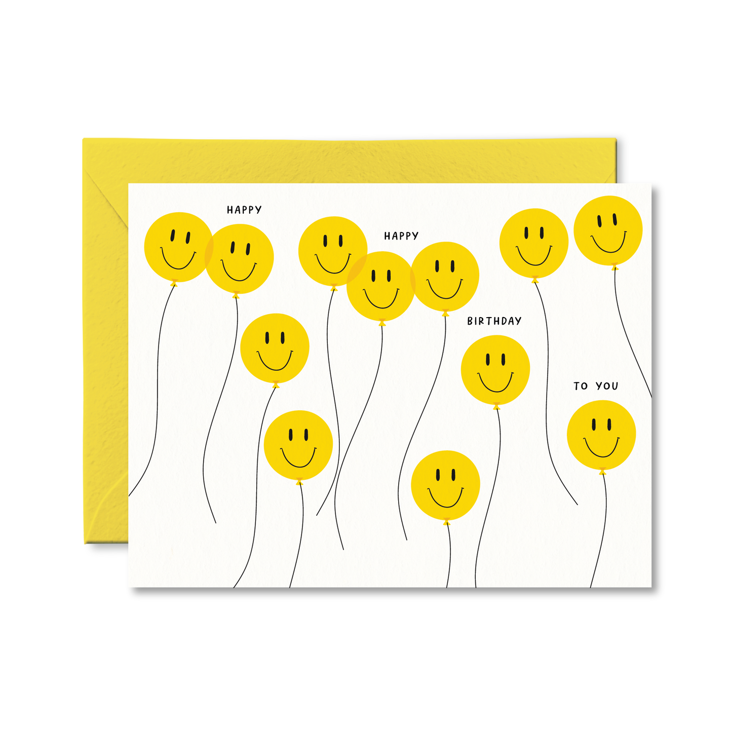 Happy Birthday card with yellow smiley face balloons and a yellow envelope on a white background