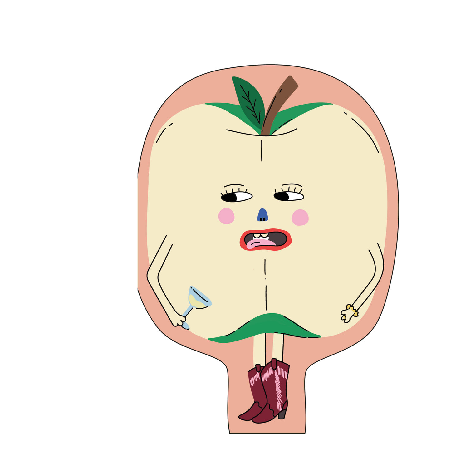 Cartoon apple character with a sad expression on a white background