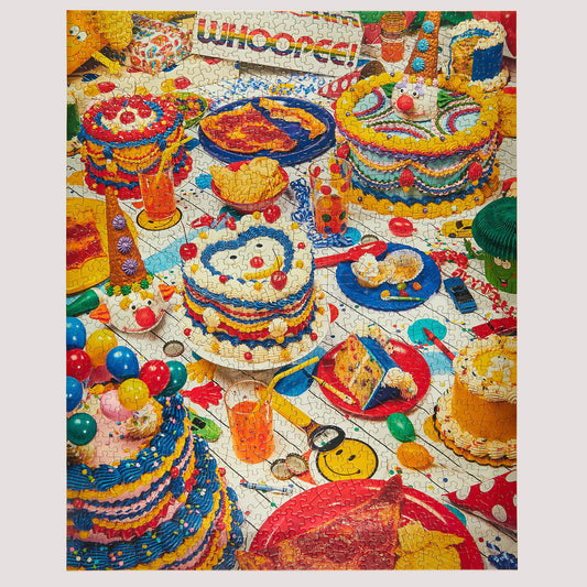 Colorful jigsaw puzzle with a birthday cake and party decorations on a white background