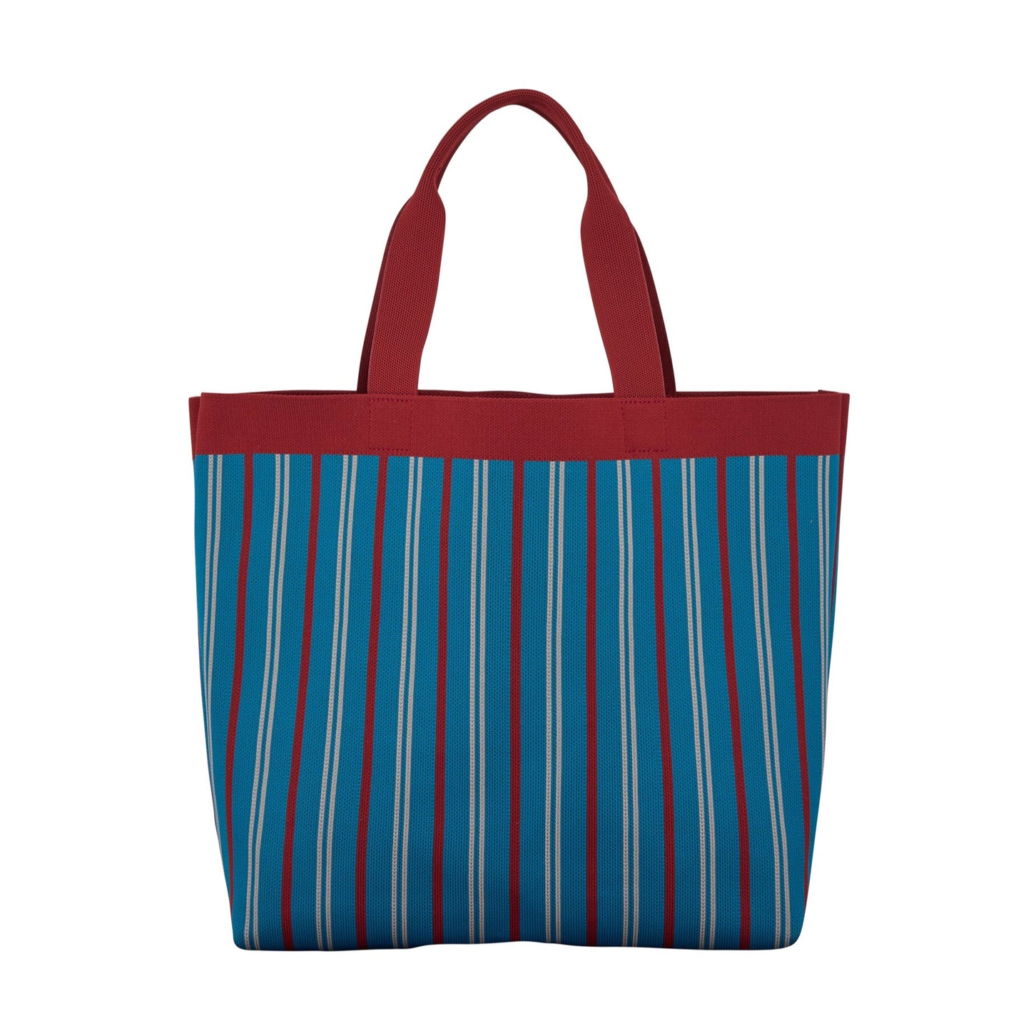 Tote bag with blue and red striped pattern on a white background