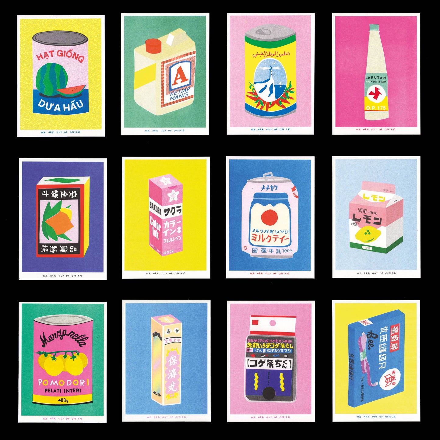 Grid of colourful product packaging illustrations on a black background