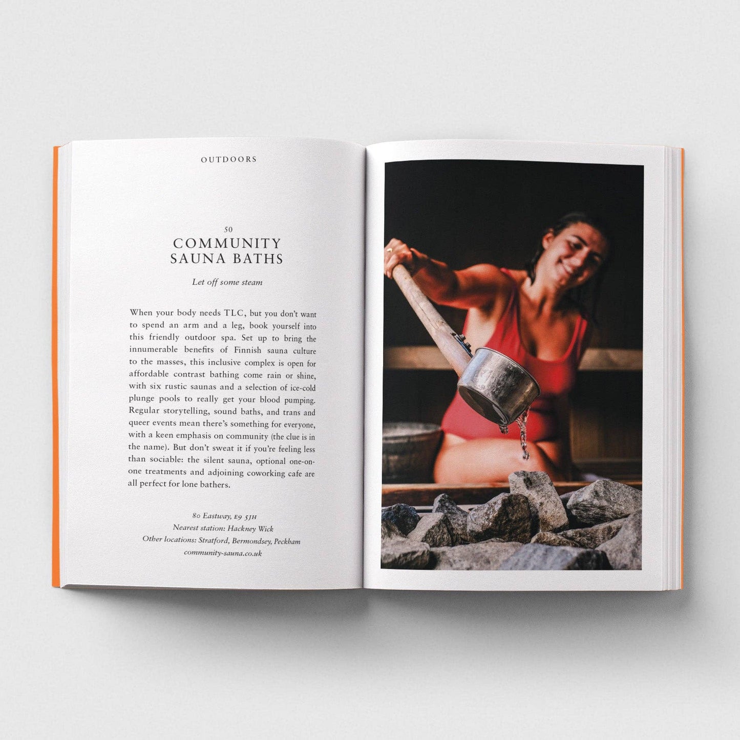 Open book with text and a photograph of a person in a sauna on a white background