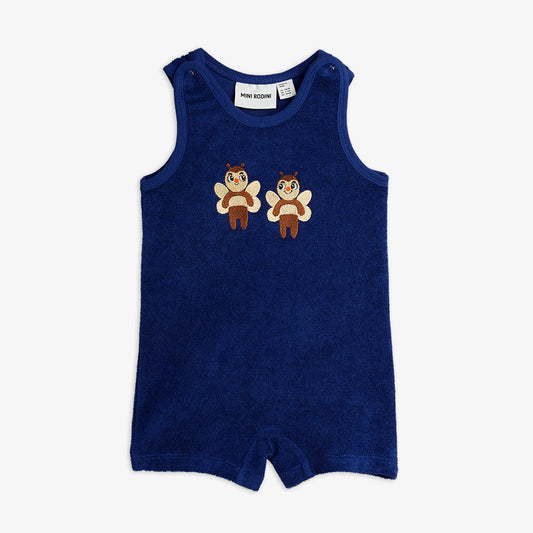 Blue baby romper with bee designs on a white background