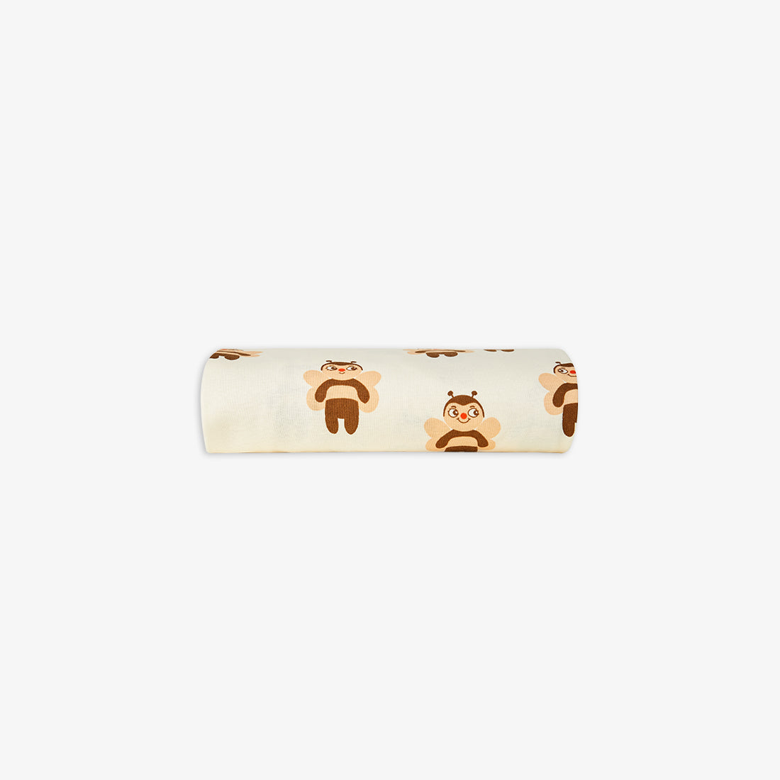 Roll of cream-coloured fabric with bee pattern on a white background