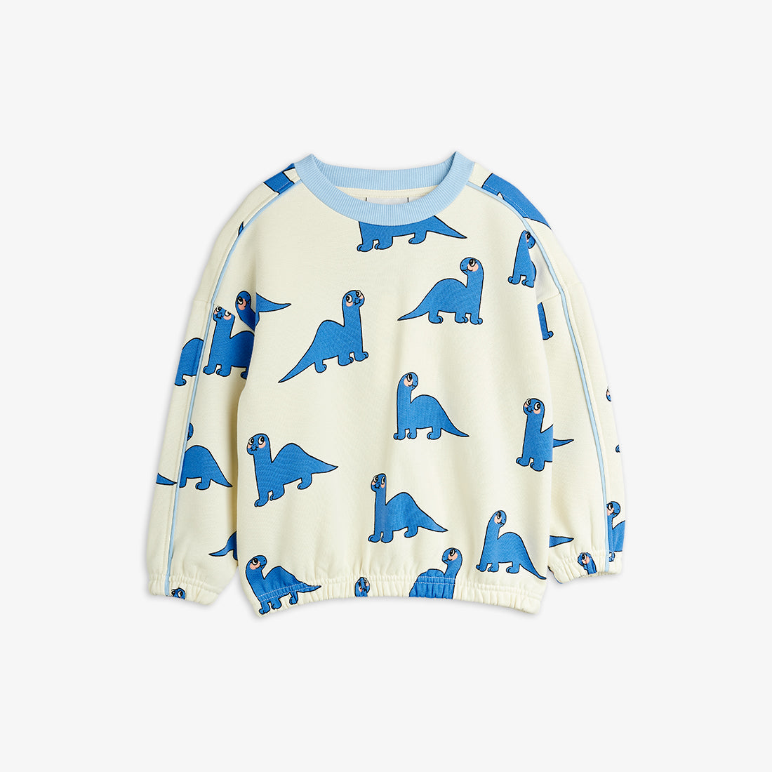 Children's sweater with blue dinosaur patterns on a white background