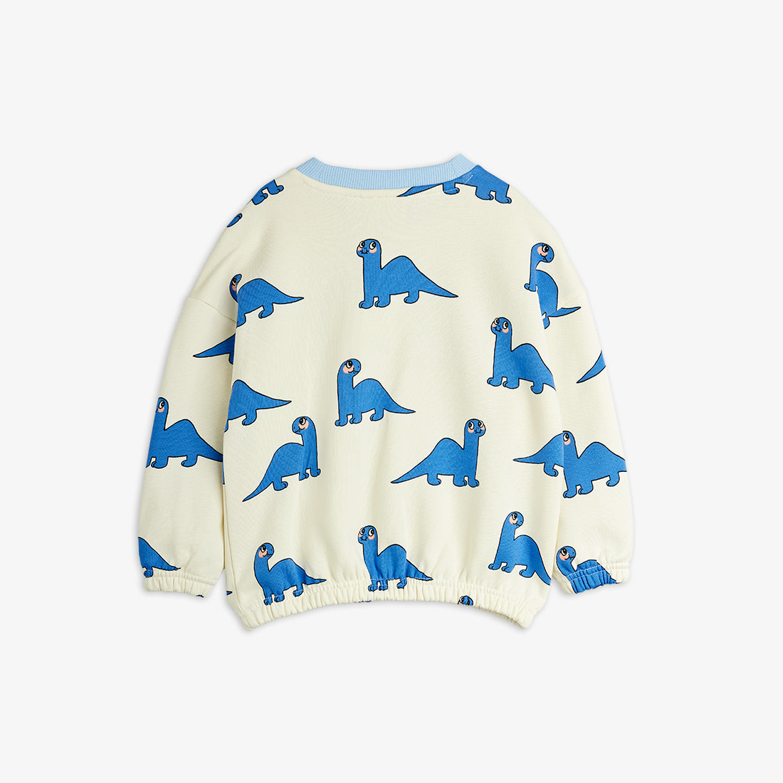 Children's sweater with blue dinosaur patterns on a white background