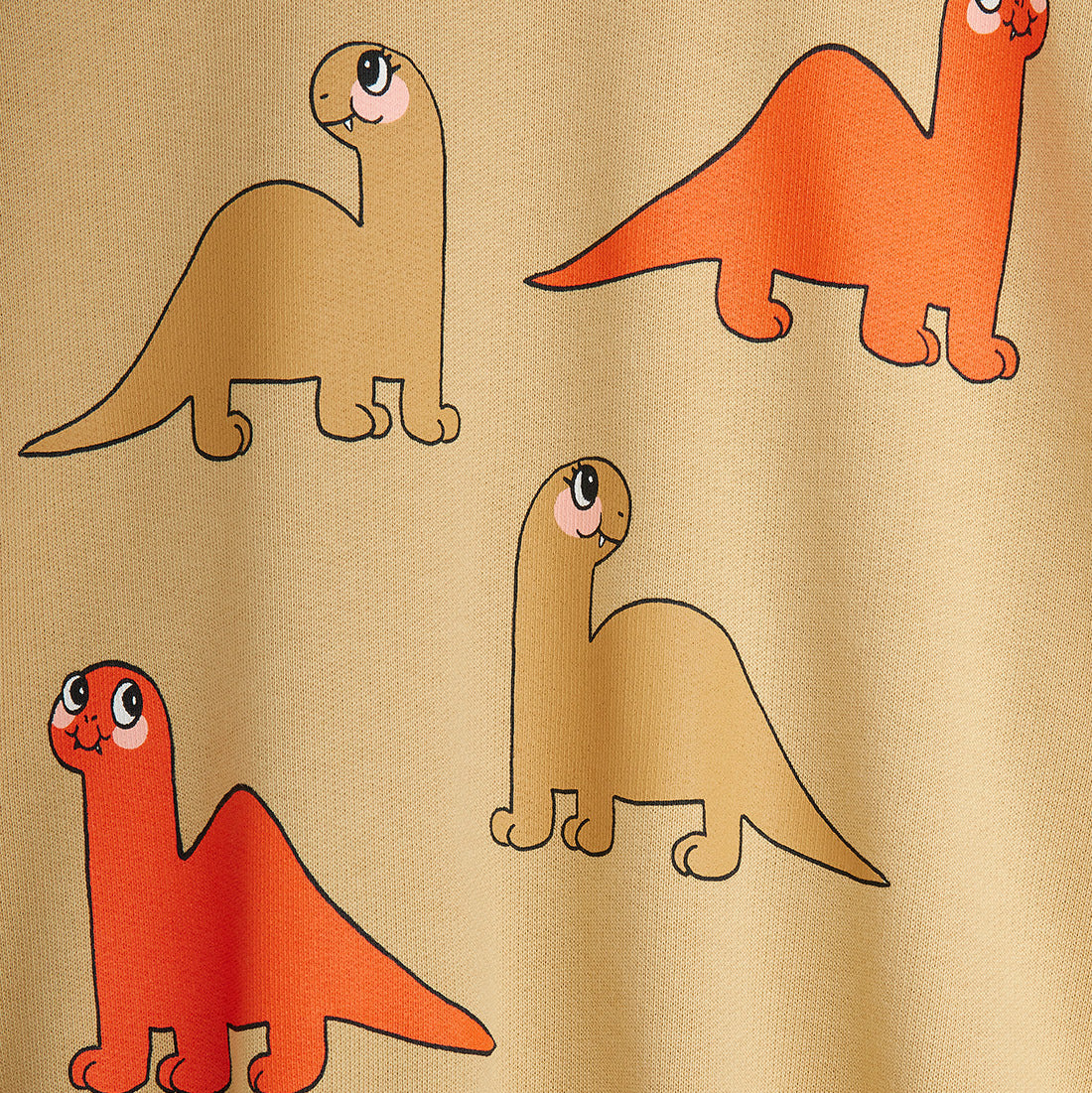 Four cartoon dinosaurs in orange and brown on a beige background