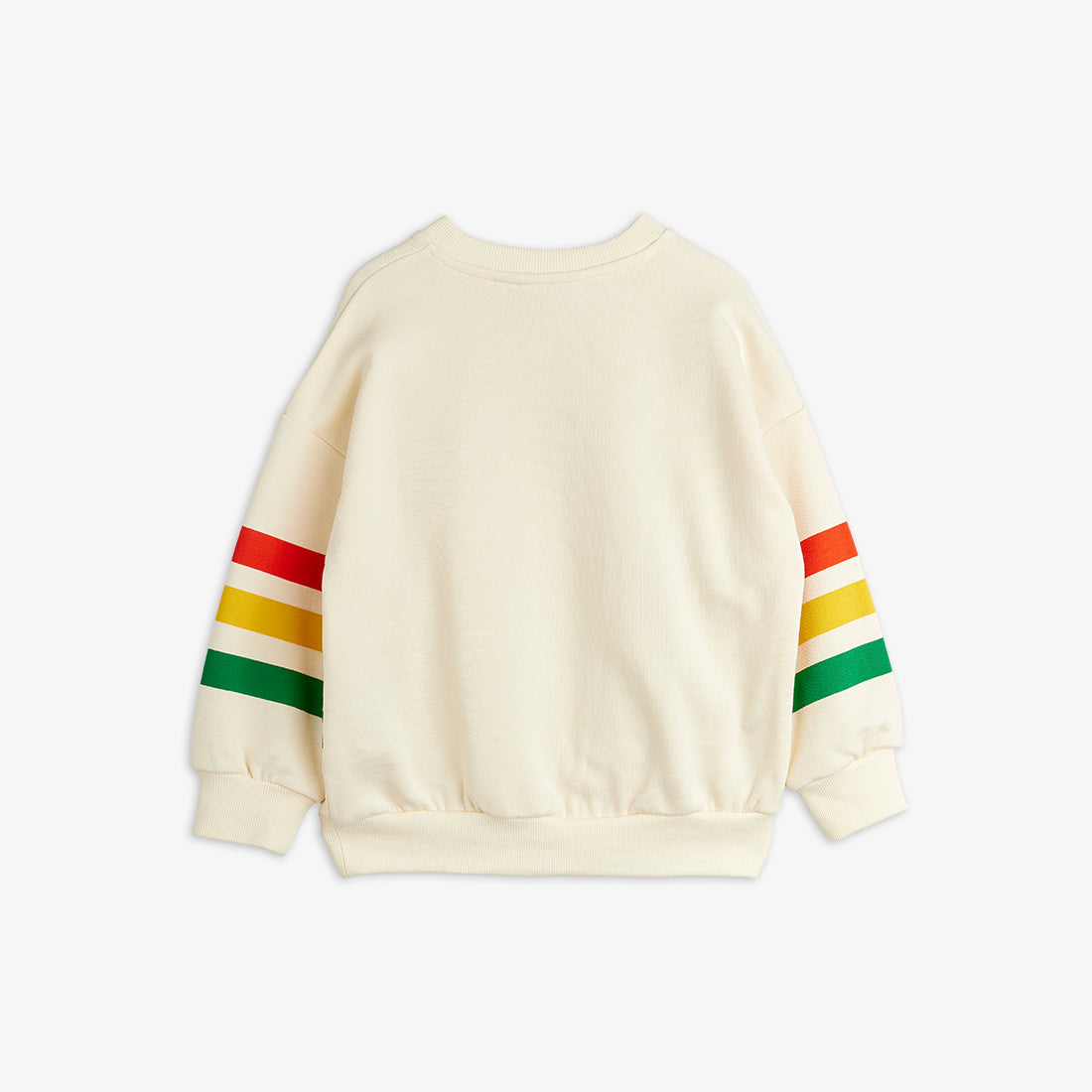 Beige sweatshirt with colorful stripes on sleeves against a white background