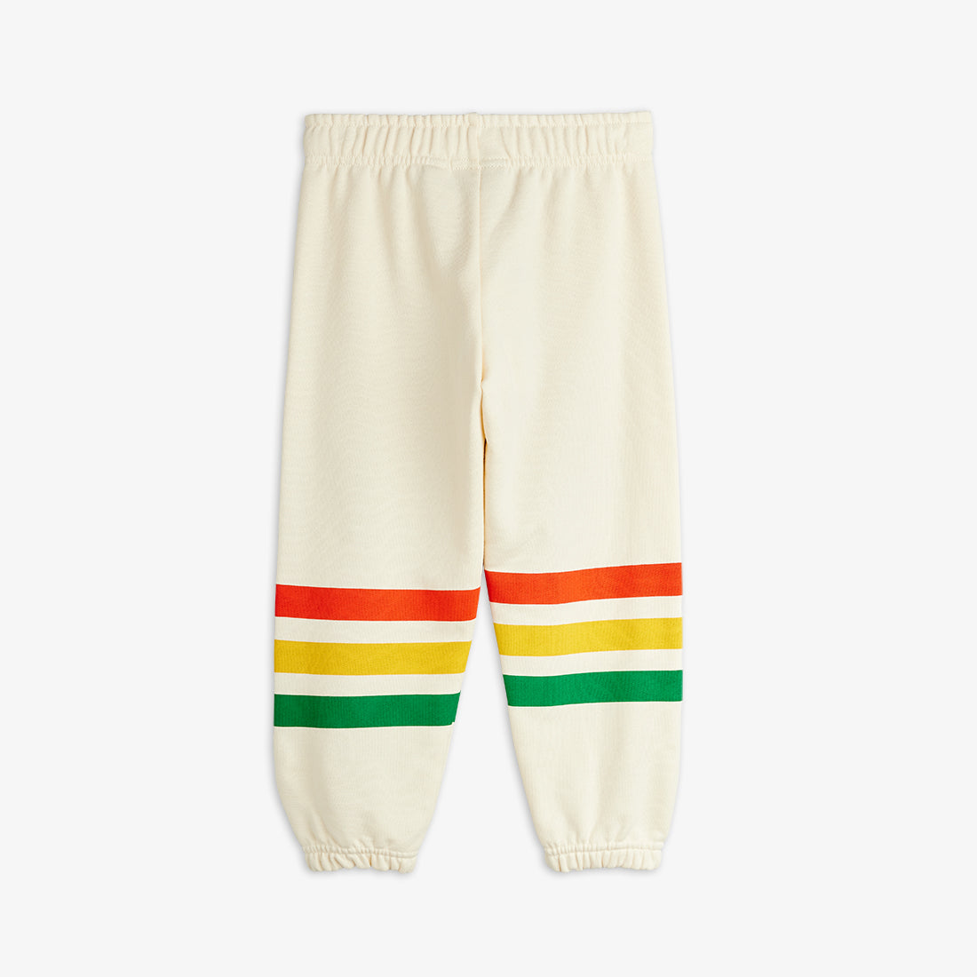 Cream-colored sweatpants with red, yellow, and green stripes on a white background