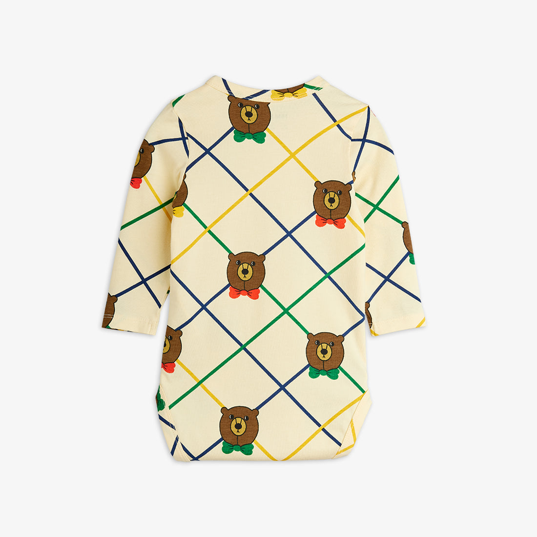 Baby onesie with teddy bear pattern on a white background
