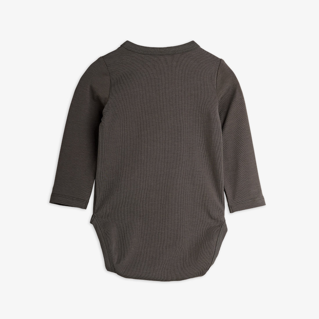 Dark gray ribbed baby onesie on a white background