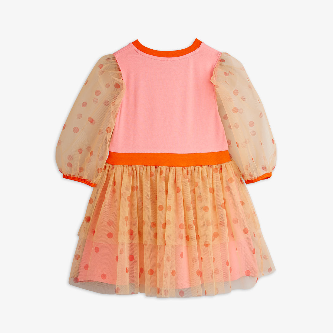 Pink and orange dress with sheer sleeves on a white background