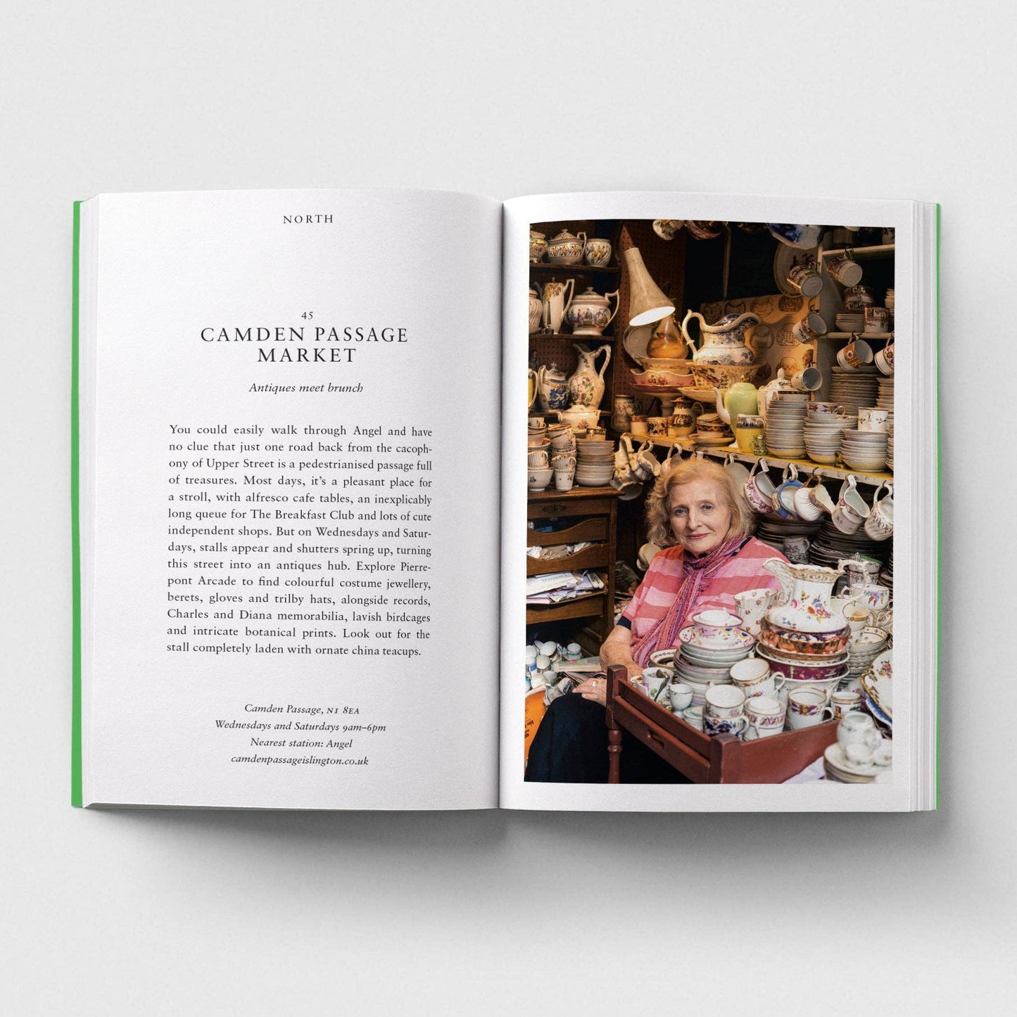 Open book showing a photo of a woman in a market and text about Camden Passage Market.