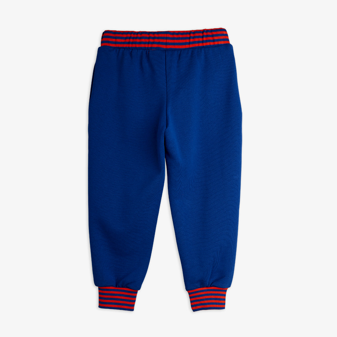 Blue sweatpants with red stripes on a white background