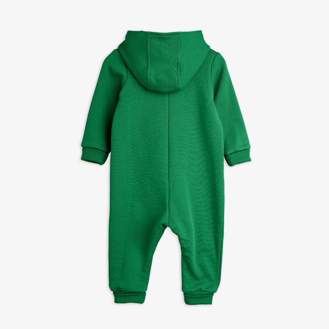 Green baby onesie with a hood on a white background