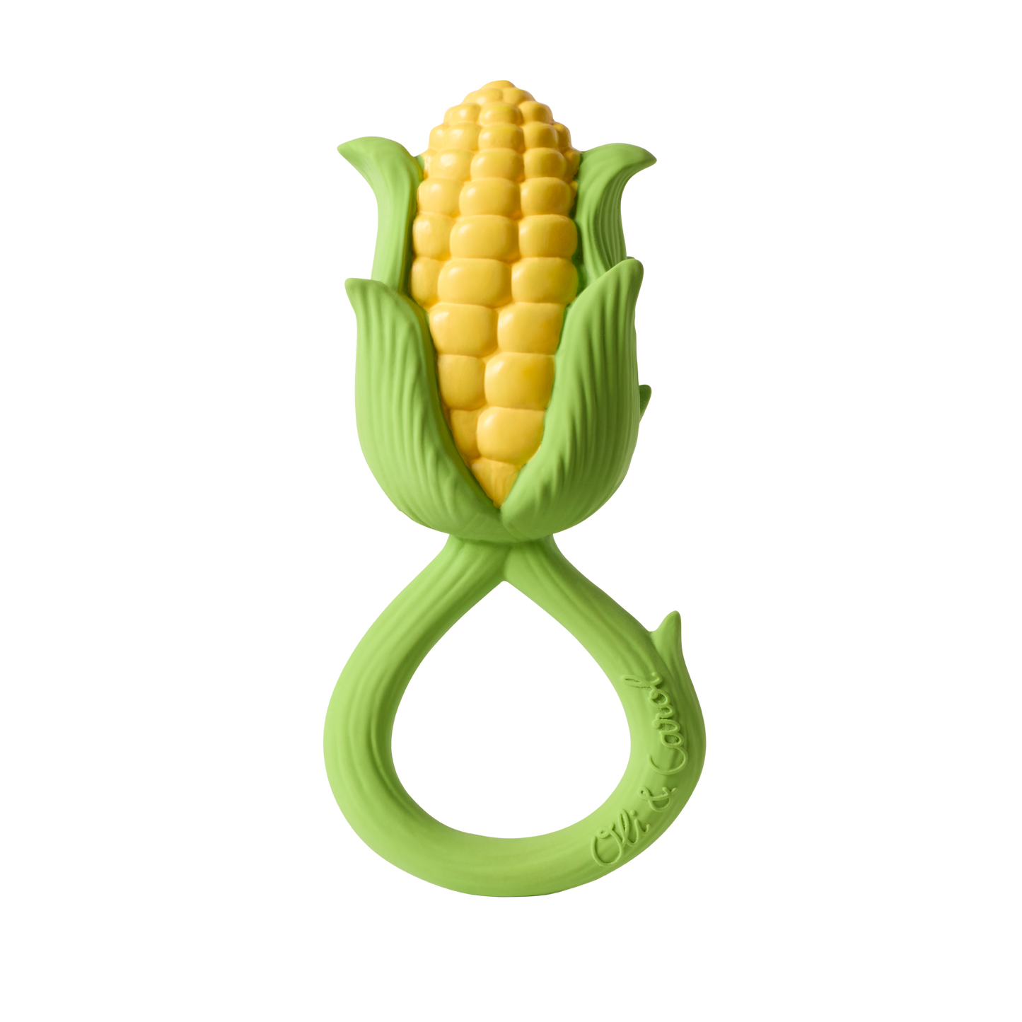 Corn-shaped teether with green husk on a white background