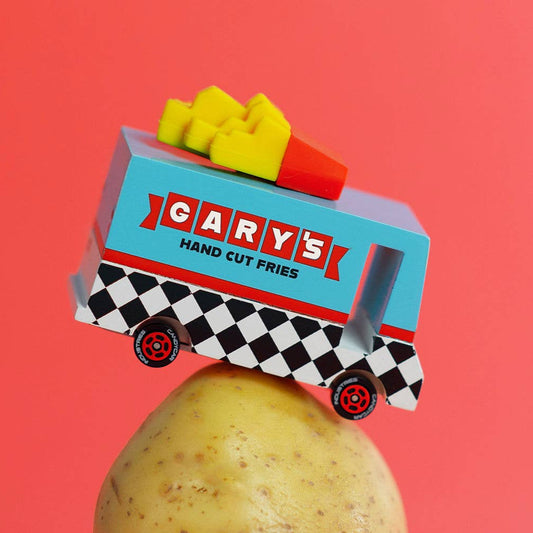 Toy truck with 'Gary's Hand Cut Fries' branding on a red background