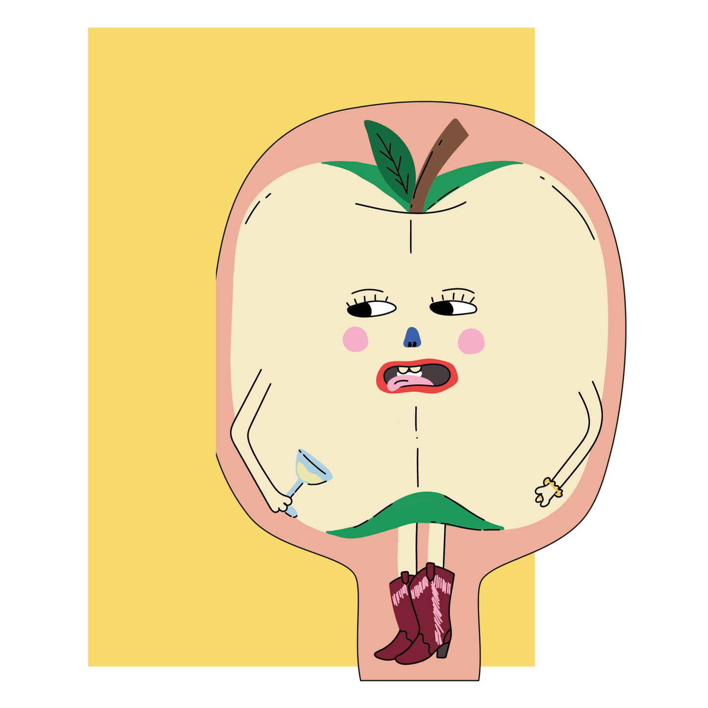 Cartoon illustration of a peach with a face on a yellow background