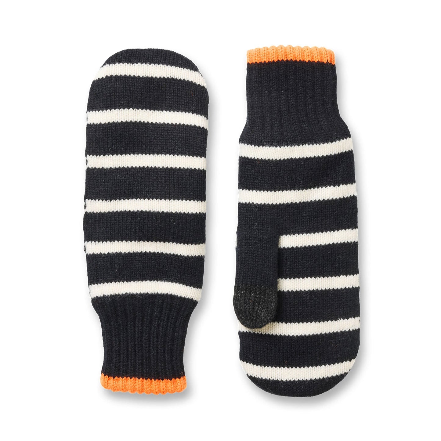 Pair of black and white striped mittens with orange cuffs on a white background