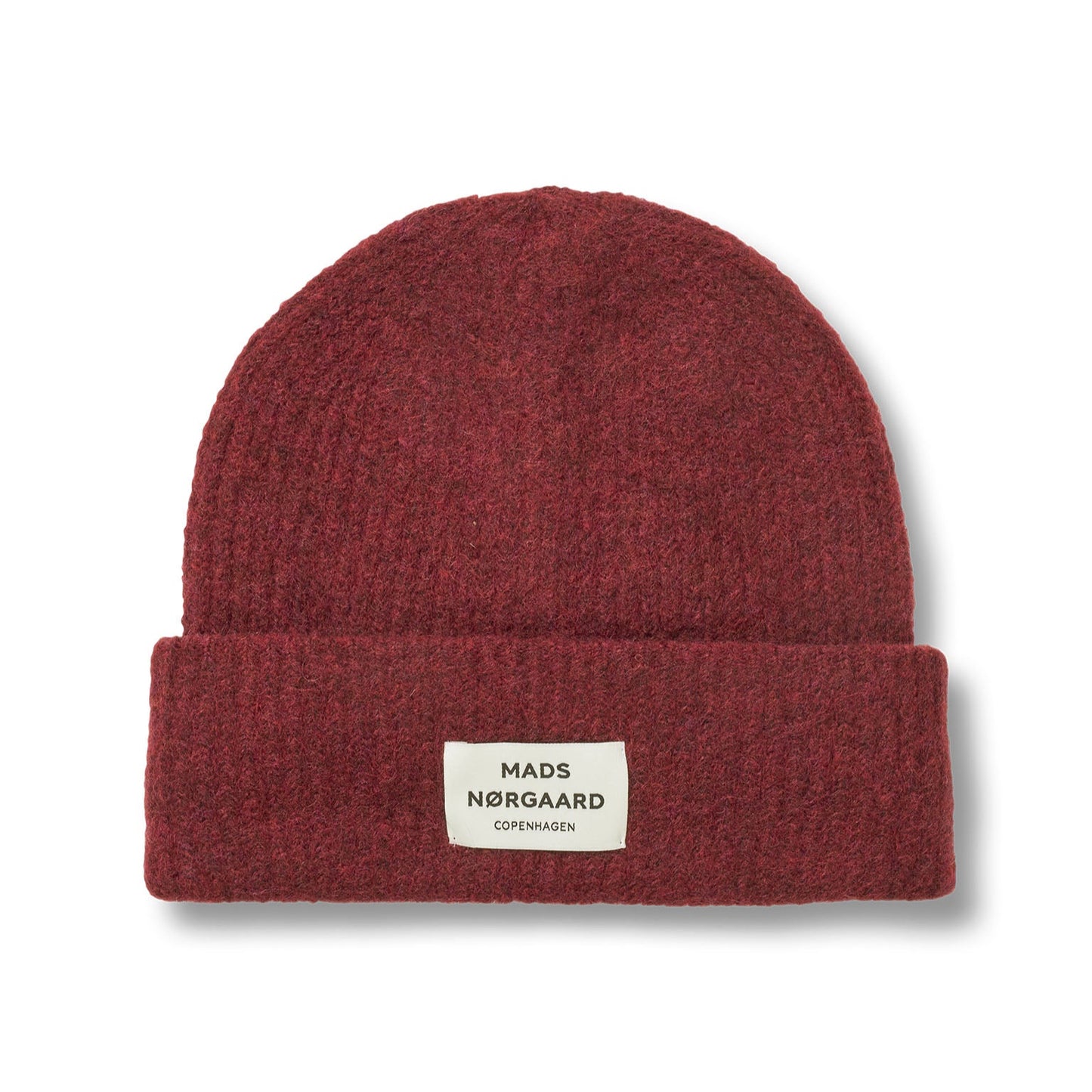 Red beanie with a brand label on a white background