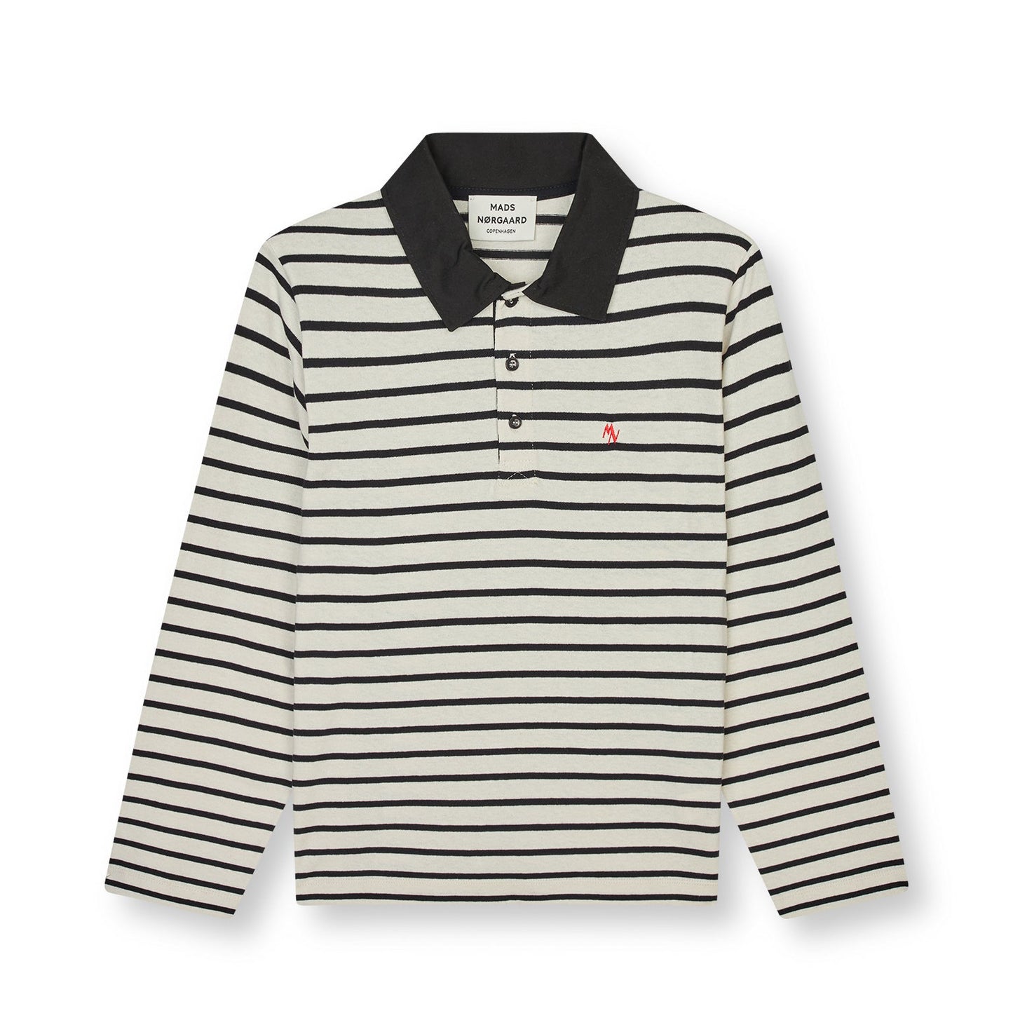 Striped long-sleeve polo shirt with a small logo on a white background