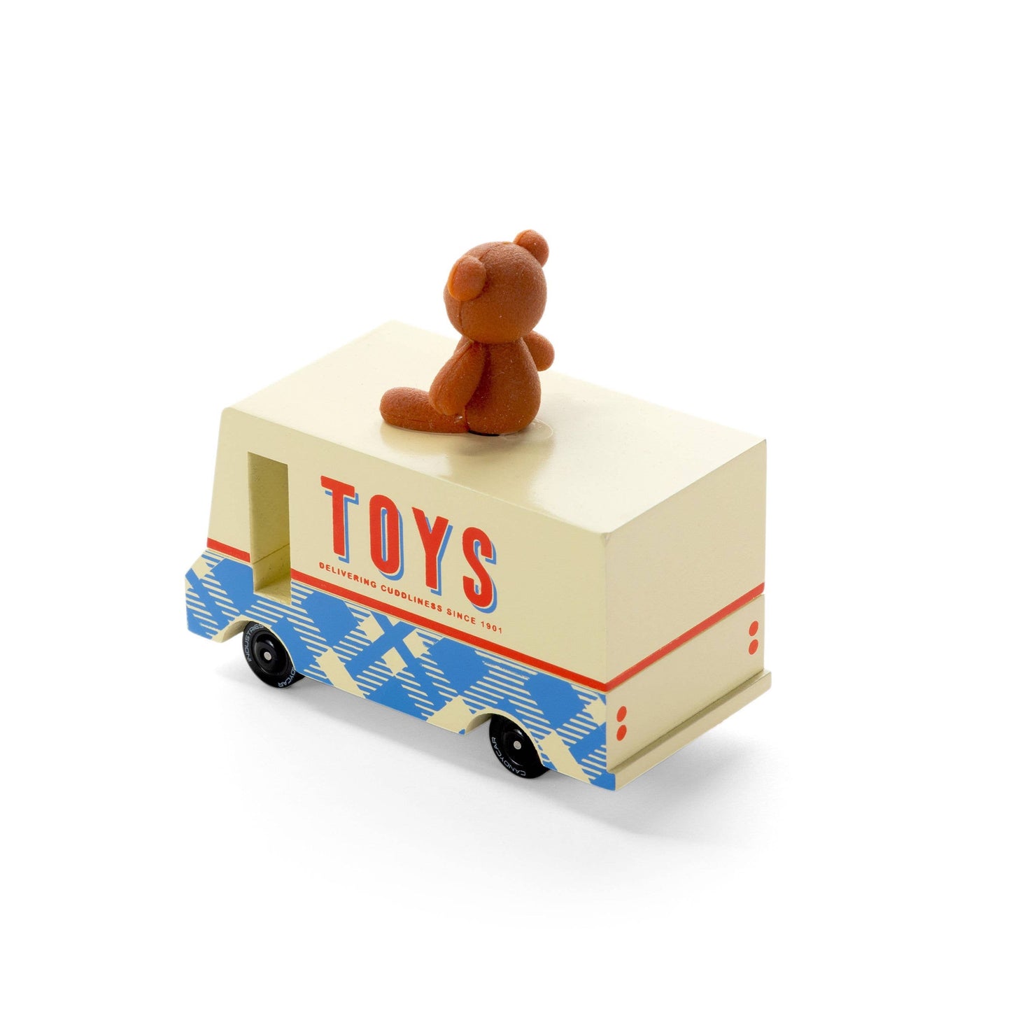 Toy truck with 'TOYS' on the side and a teddy bear on top against a white background