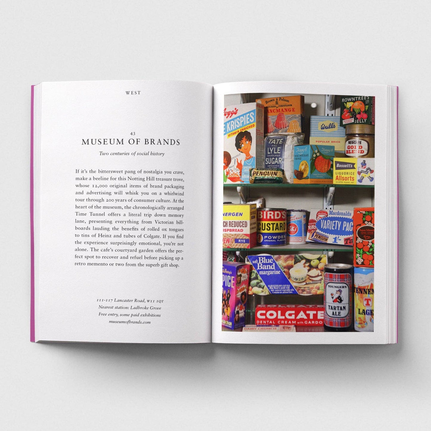 Open book showing a page with text and an image of vintage product packaging.