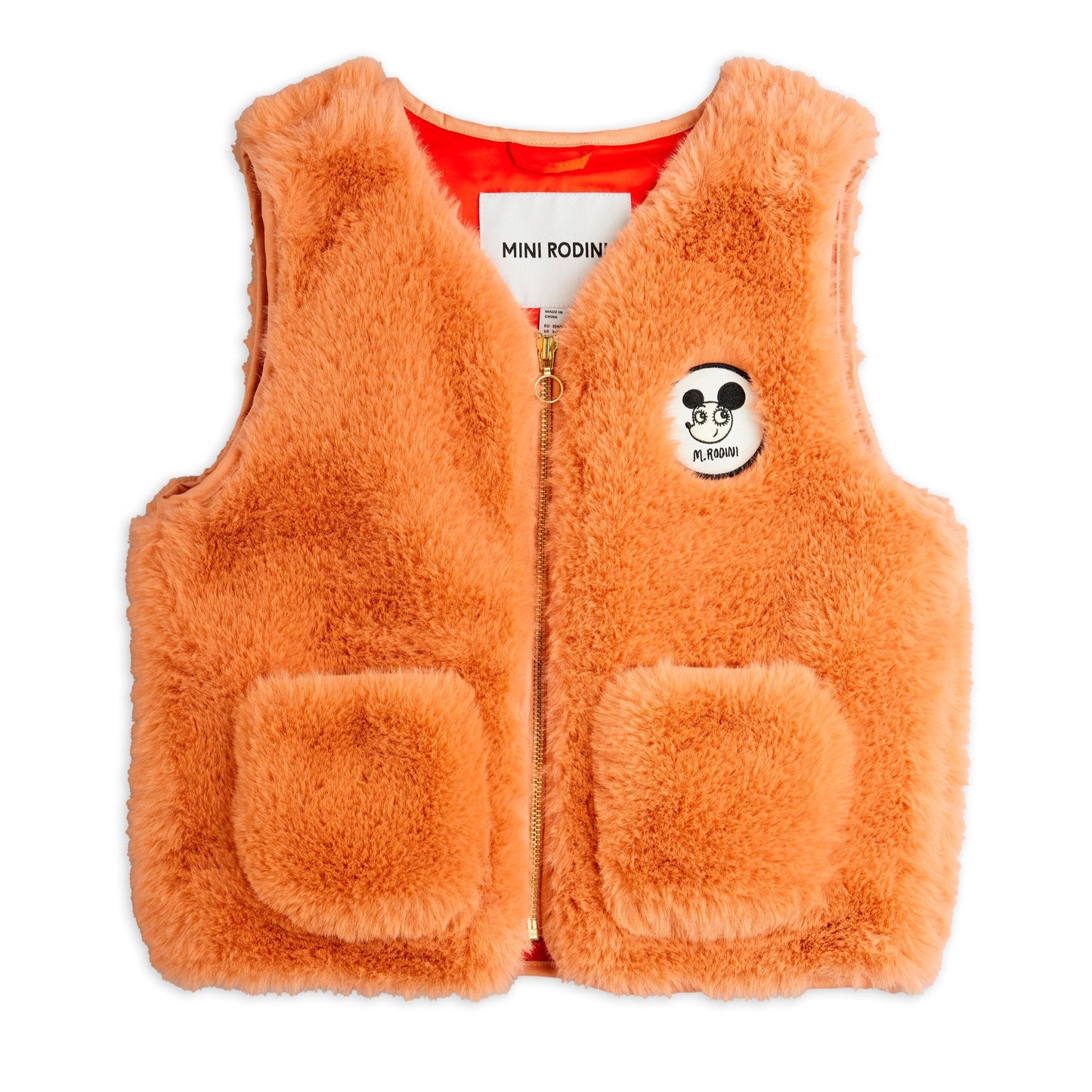 Orange fleece vest with a logo on a white background