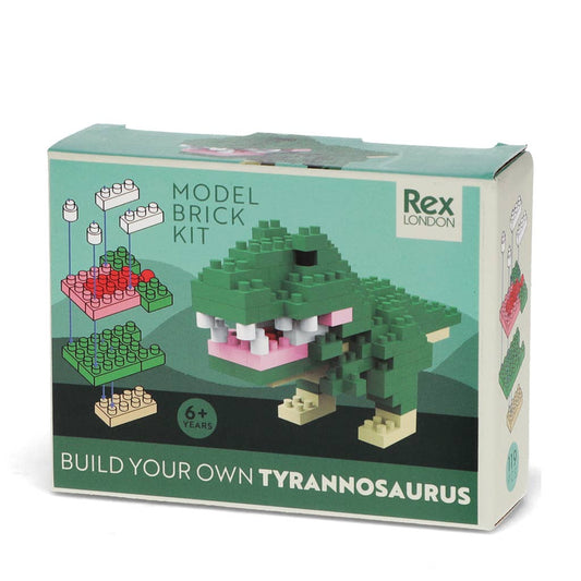 Model brick kit packaging for building a Tyrannosaurus Rex with Rex London branding.