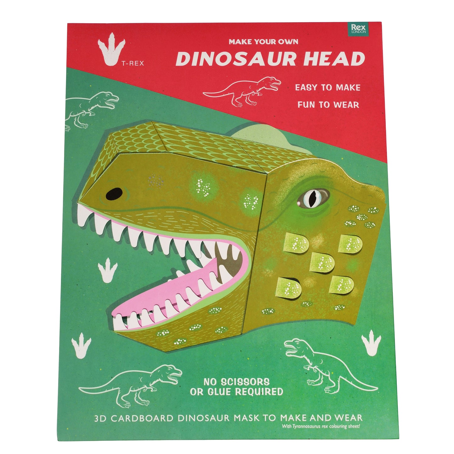 Packaging for a Make Your Own Dinosaur Head craft kit featuring a 3D cardboard dinosaur mask with a T-Rex design.