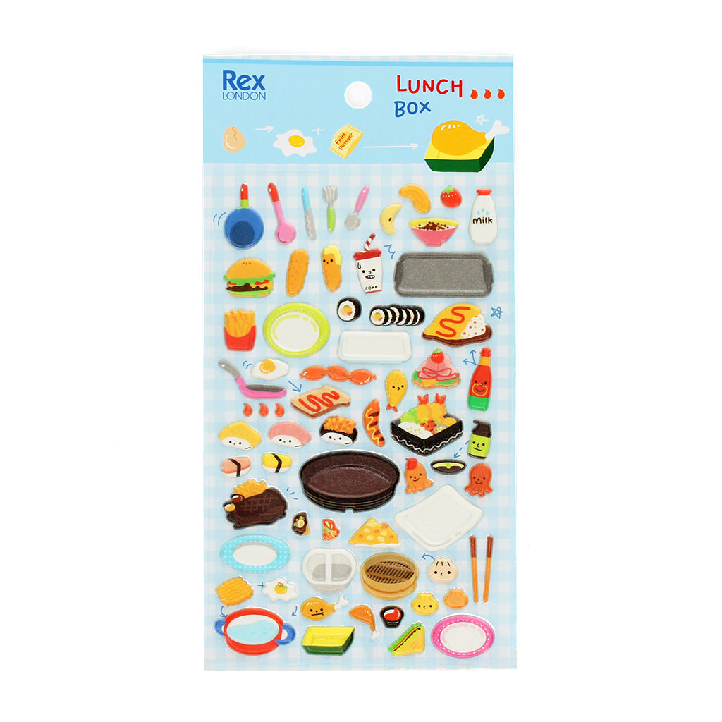 A sheet of 3D puffy stickers with a cartoonish food theme, including various designs such as sandwiches, sushi, and kitchen utensils.