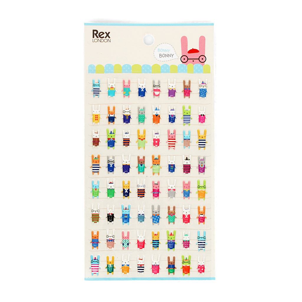 A sheet of 3D puffy stickers with various designs of cartoonish bunny rabbits on a white background.