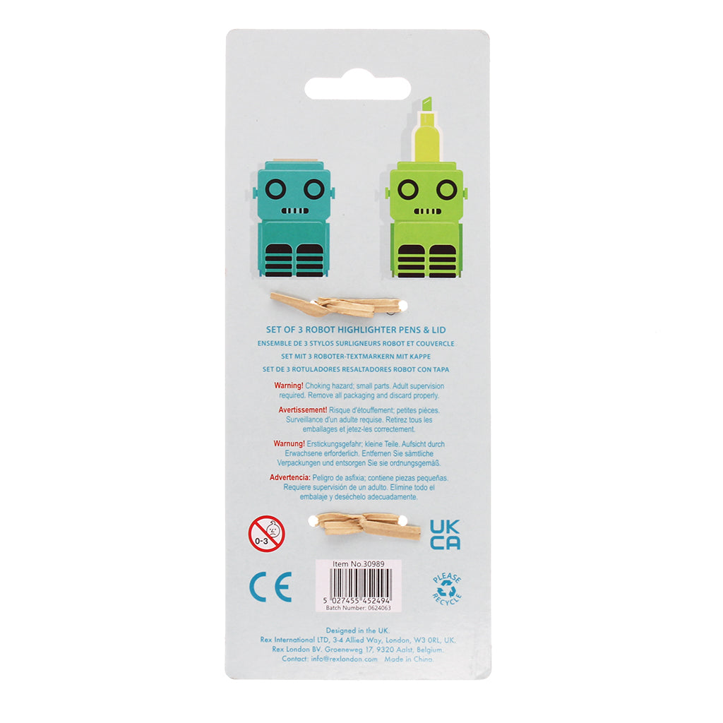 Packaging of robot highlighter pens with a white background