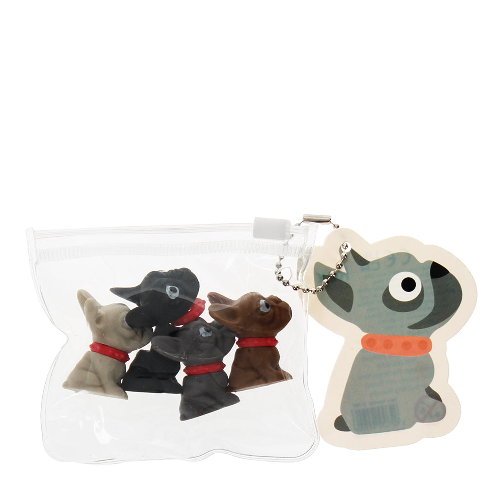 Set of dog-shaped keychains with a clear pouch on a white background