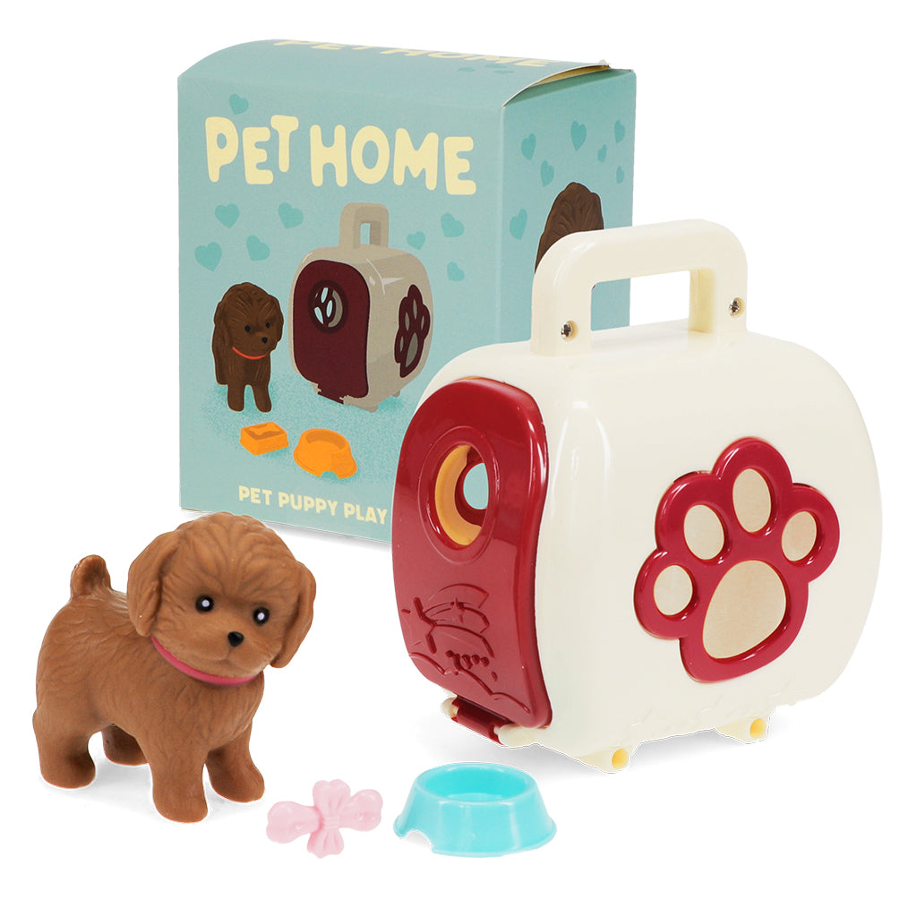 Toy dog with playset and packaging labeled 'Pet Home' on a white background
