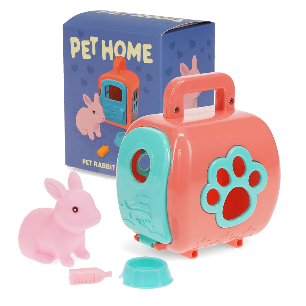 Toy pet carrier with pink rabbit, blue paw print, and 'Pet Home' packaging on a white background