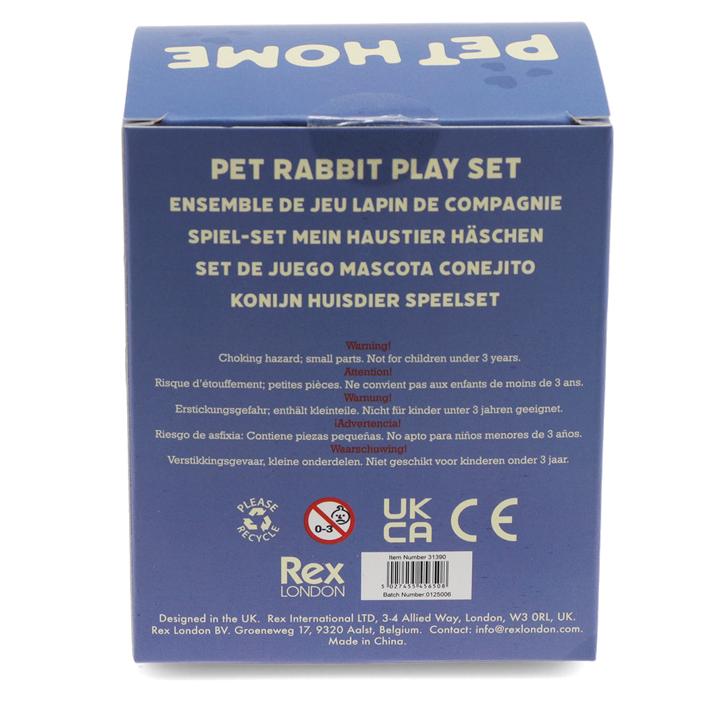 Back of a blue box for a pet rabbit play set with text and logos.