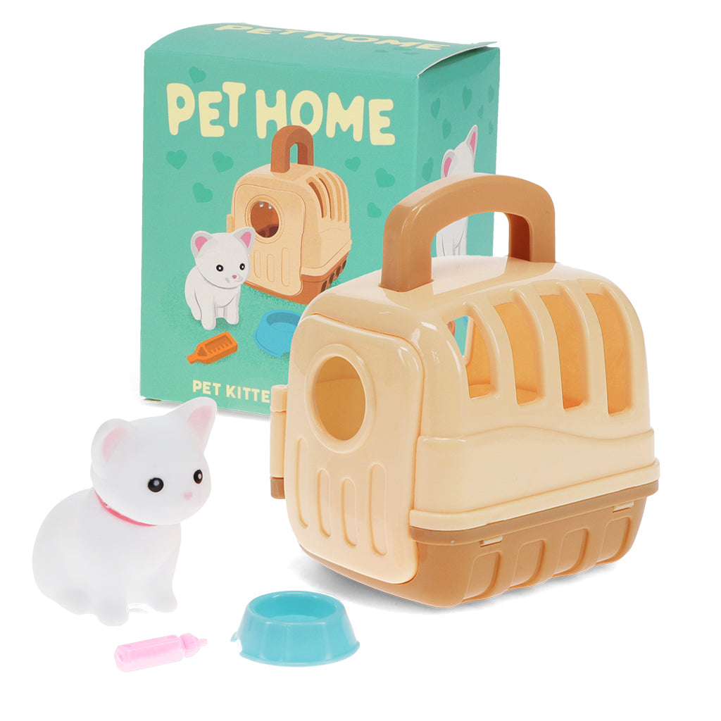 Toy pet carrier with a small white cat figure and packaging labeled 'Pet Home'.