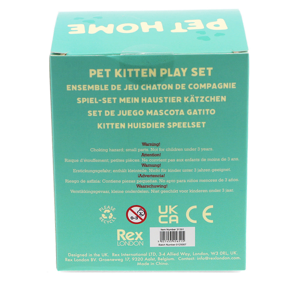 Box of Pet Home Pet Kitten Play Set with multiple language text and branding details.