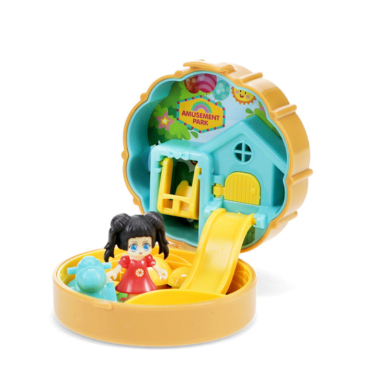 Toy set with a doll and slide inside a yellow and blue playset labeled 'Amusement Park'.