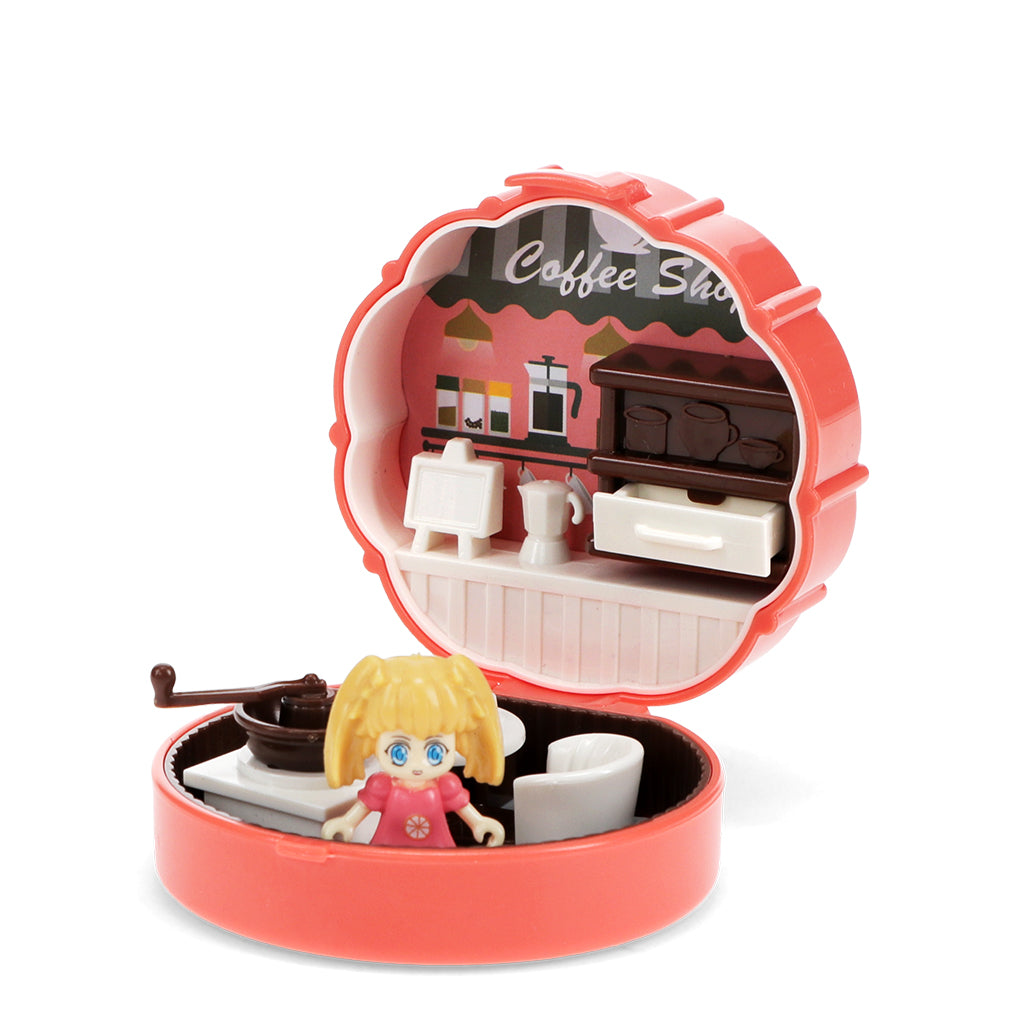 Toy set with a miniature coffee shop scene and a doll inside a red case.