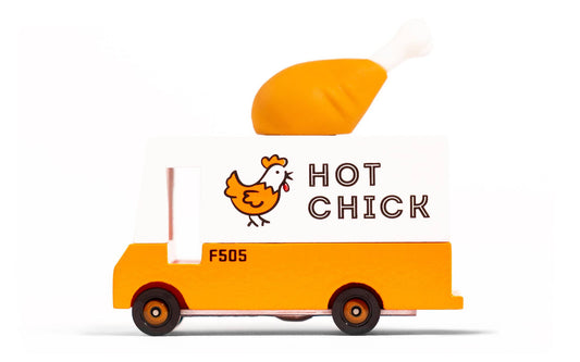 Orange truck with a chicken design and 'Hot Chick' branding on a white background