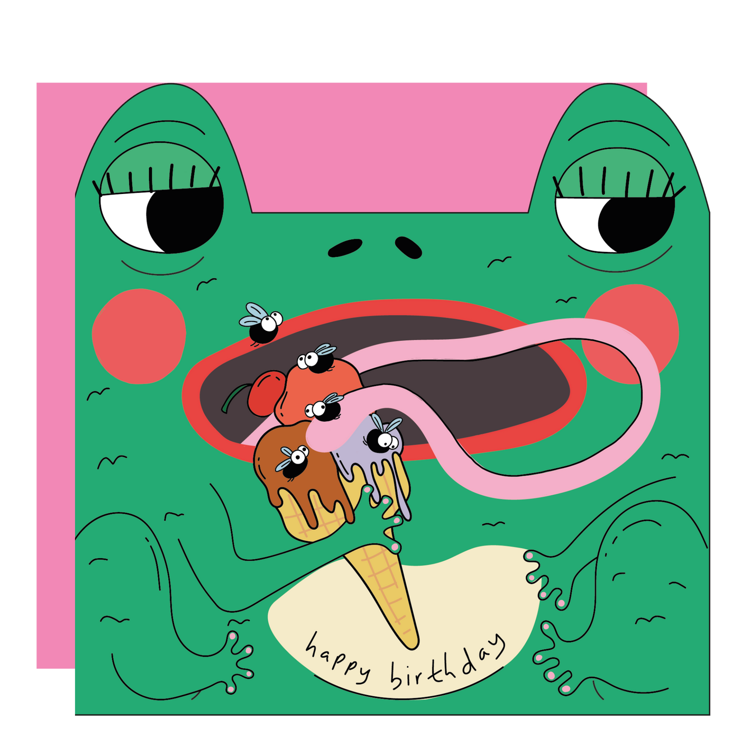 Illustration of a frog holding an ice cream cone with 'happy birthday' text on a pink background
