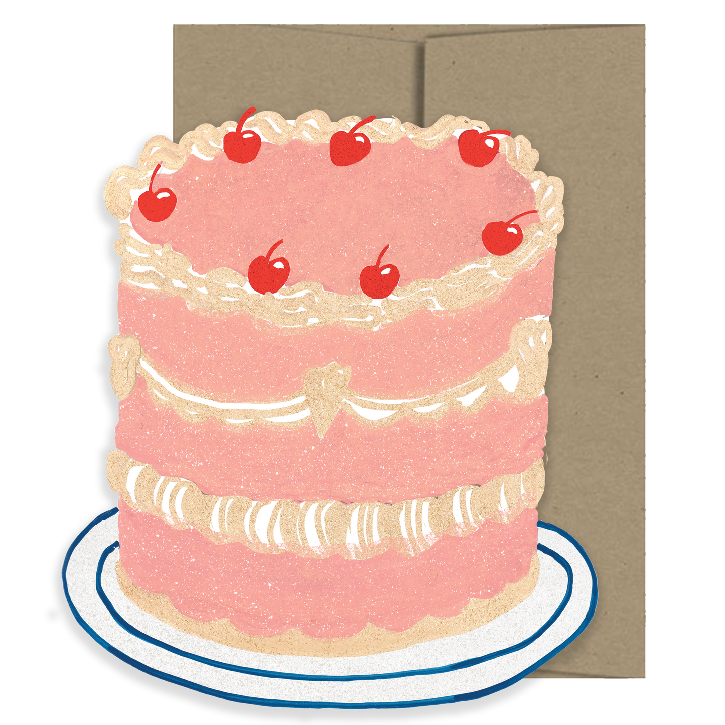 Card with a pink cake illustration and red cherries on top