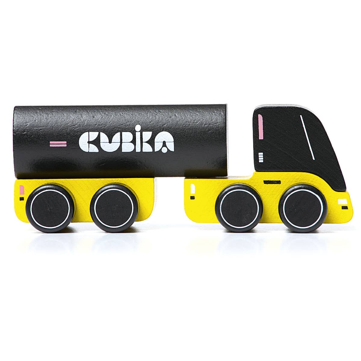 Toy truck with black and yellow design on a white background