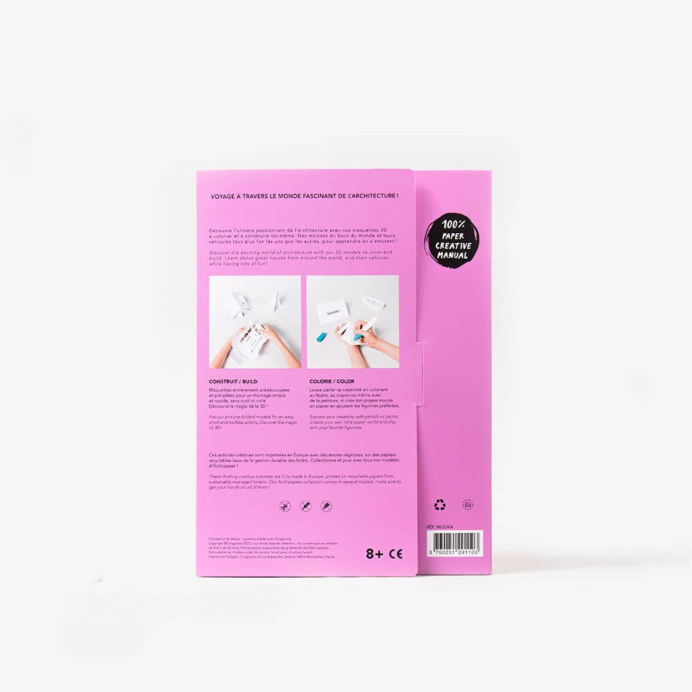 Pink packaging with text and images on a white background